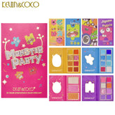 Eyeshadow palette with pink cover, monster design, and KEVIN&COCO brand name visible