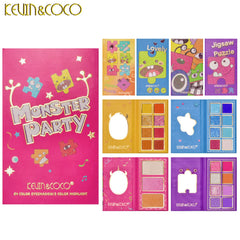Eyeshadow palette with pink cover, monster design, and KEVIN&COCO brand name visible