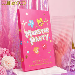Eyeshadow palette in pink with monster graphics and brand name KEUIN&COCO on display
