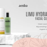 Facial cleanser bottle, green glass, silver pump, Amira Skin branding