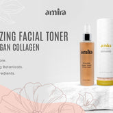 Toner bottle with amber liquid, silver sprayer, and Amira brand name displayed