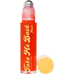 Roller gloss tube with orange and gold text, peach color, and heart detail on cap