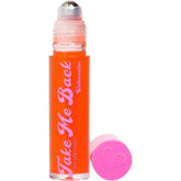 Lip balm roller gloss, orange tube with pink text, pink cap with heart design, Take Me Back brand