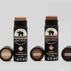 Sport stick sunscreen, black cylindrical tube with SUNMUD text, brown tinted sunscreen visible, SPF 50