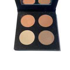 Eyeshadow palette with four circular shades in various brown tones, black glitter compact