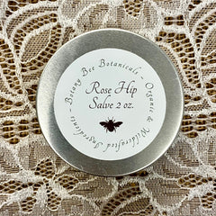 Rose Hip Salve in silver tin with white label, Botany Bee Botanicals brand