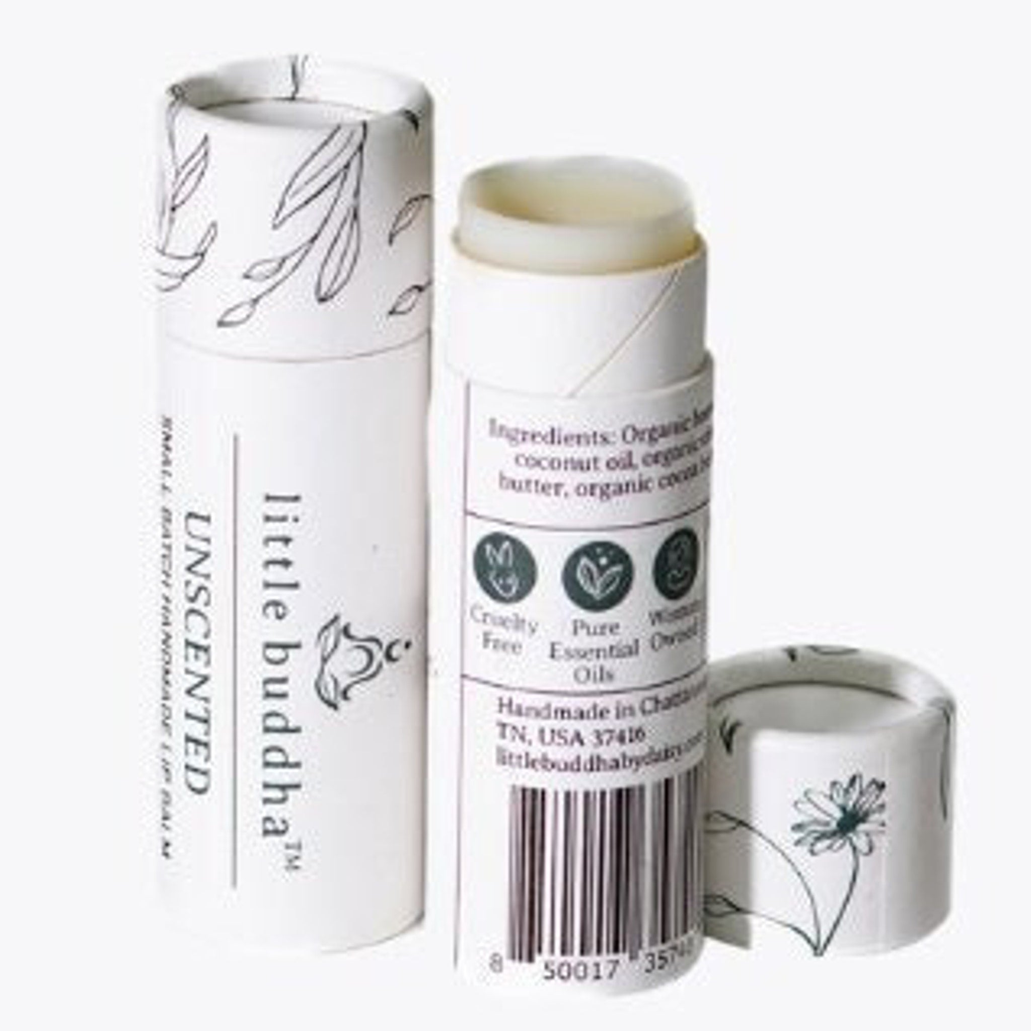 Lip balm tubes, white with leaf pattern, Little Buddha brand visible