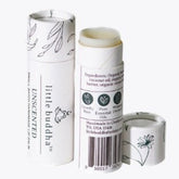 Lip balm tubes, white with leaf pattern, Little Buddha brand visible