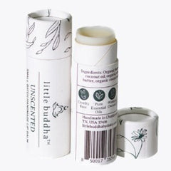 Lip balm tubes, white with leaf pattern, Little Buddha brand visible