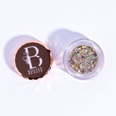 Eye shadow glitter in clear jar, multi-color shimmer, and Bolive BEAUT logo on lid