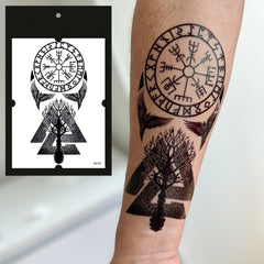 Close-up of realistic Viking rune temporary tattoo with intricate Yggdrasil tree design on skin, showing detailed texture