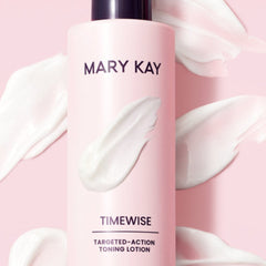 Mary Kay Timewise lotion bottle with pink and white background and cream swirls