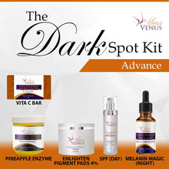 Dark spot kit with orange, white, and brown bottles, jars, and bar, Mona Venus brand