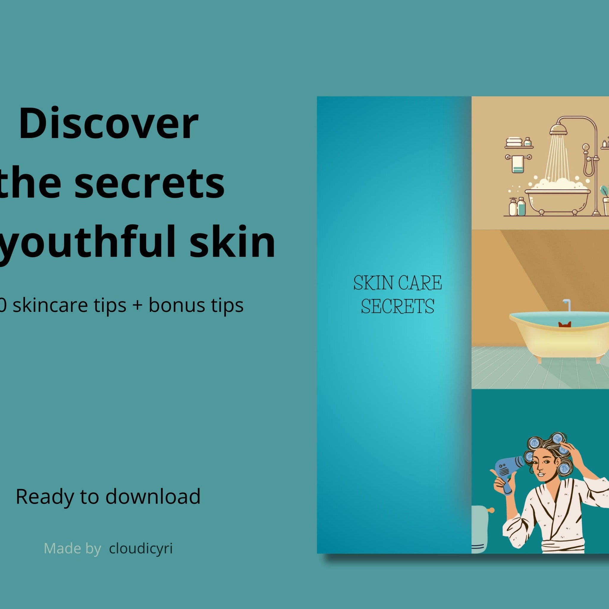 Skin care product graphic with teal and tan background, text "SKIN CARE SECRETS", and illustrated skincare routine images