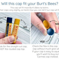 Burt's Bees lip balm caps, yellow and blue plastic, held in hand to demonstrate fit