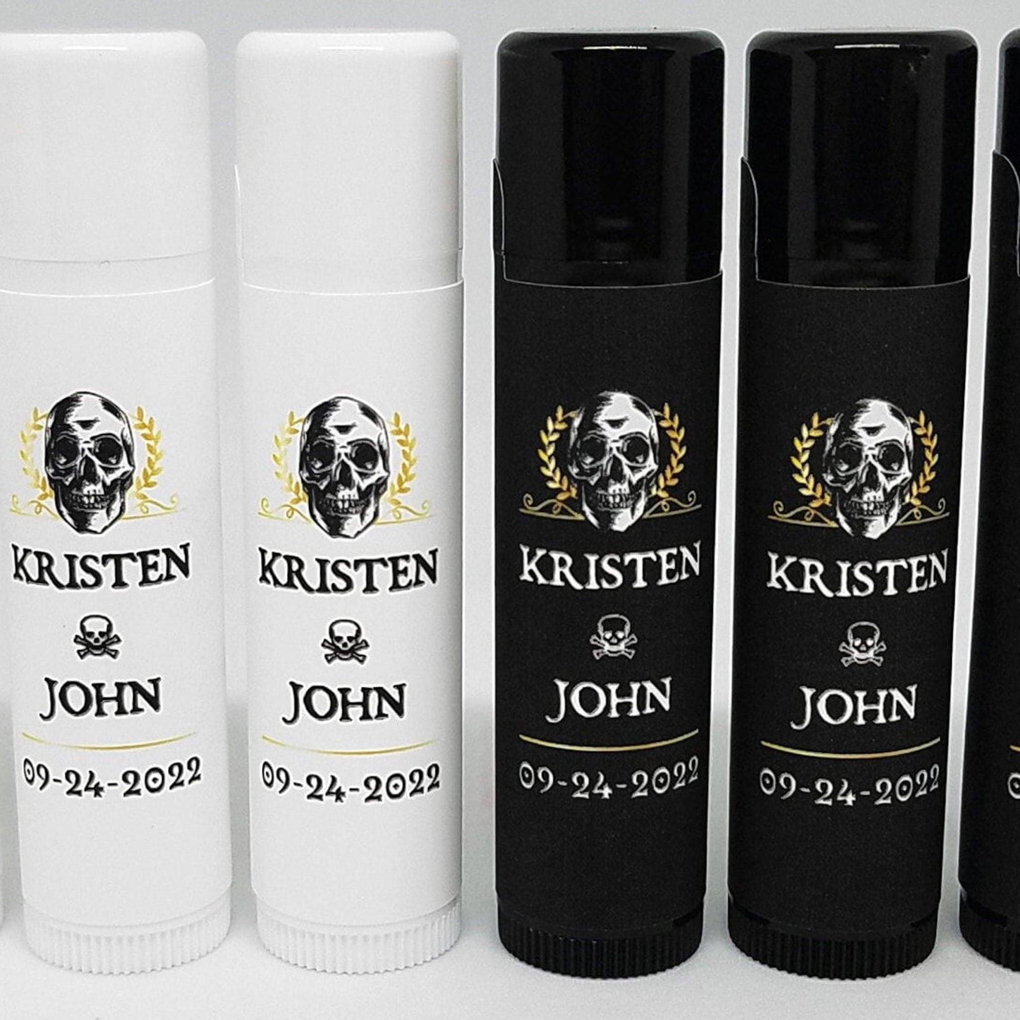 Wedding lip balm tubes in white and black with skull and text design for favors