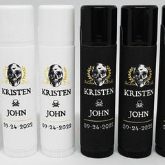 Wedding lip balm tubes in white and black with skull and text design for favors