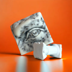 Acne Face Wash, white speckled soap with eye design, white column on orange background