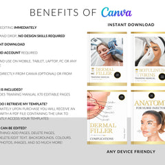 Close-up of aesthetic injector training manual with Botox and dermal filler diagrams on glossy pages