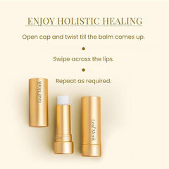 Lip balm tubes in gold color with Leaf Monk text, shown in use for application