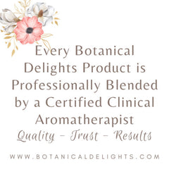 Botanical Delights text with floral arrangement, pink and white flowers, gold accents, and brown text on white background