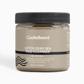 Deep detox cleanser jar with black ribbed lid and tan label, Castlebeard brand