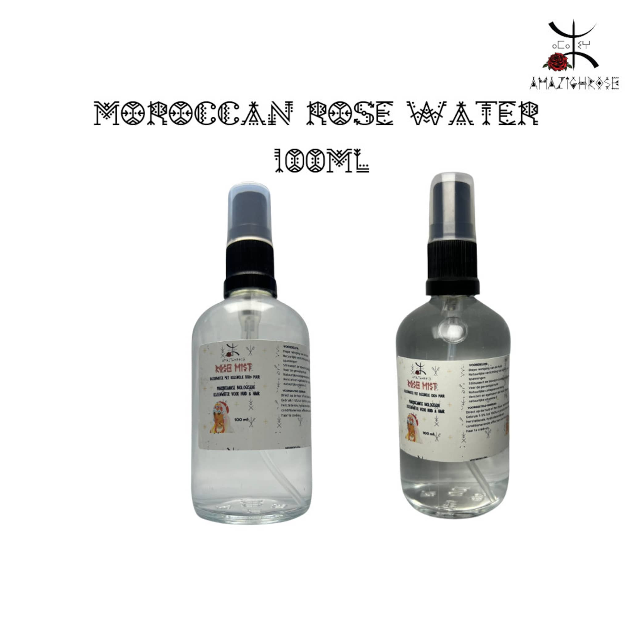 Rosewater spray bottles, clear glass, black cap, Amazighrose text