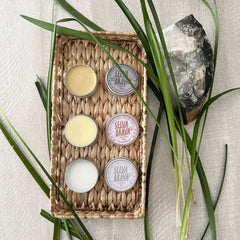 Organic skincare products in metal tins, displayed in woven basket with green leaves, Selva Brava brand visible