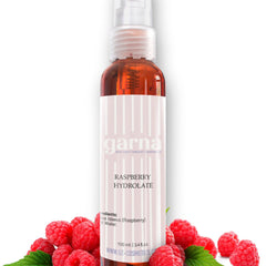 Raspberry Hydrosol bottle, clear plastic, amber liquid, Garna label with vertical stripes and text