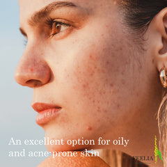 Acne-prone skin, close-up of face with blemishes, light skin tone, gold earring visible