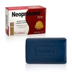Skin brightening soap, dark blue bar with speckled texture, and Neoprosone brand name visible