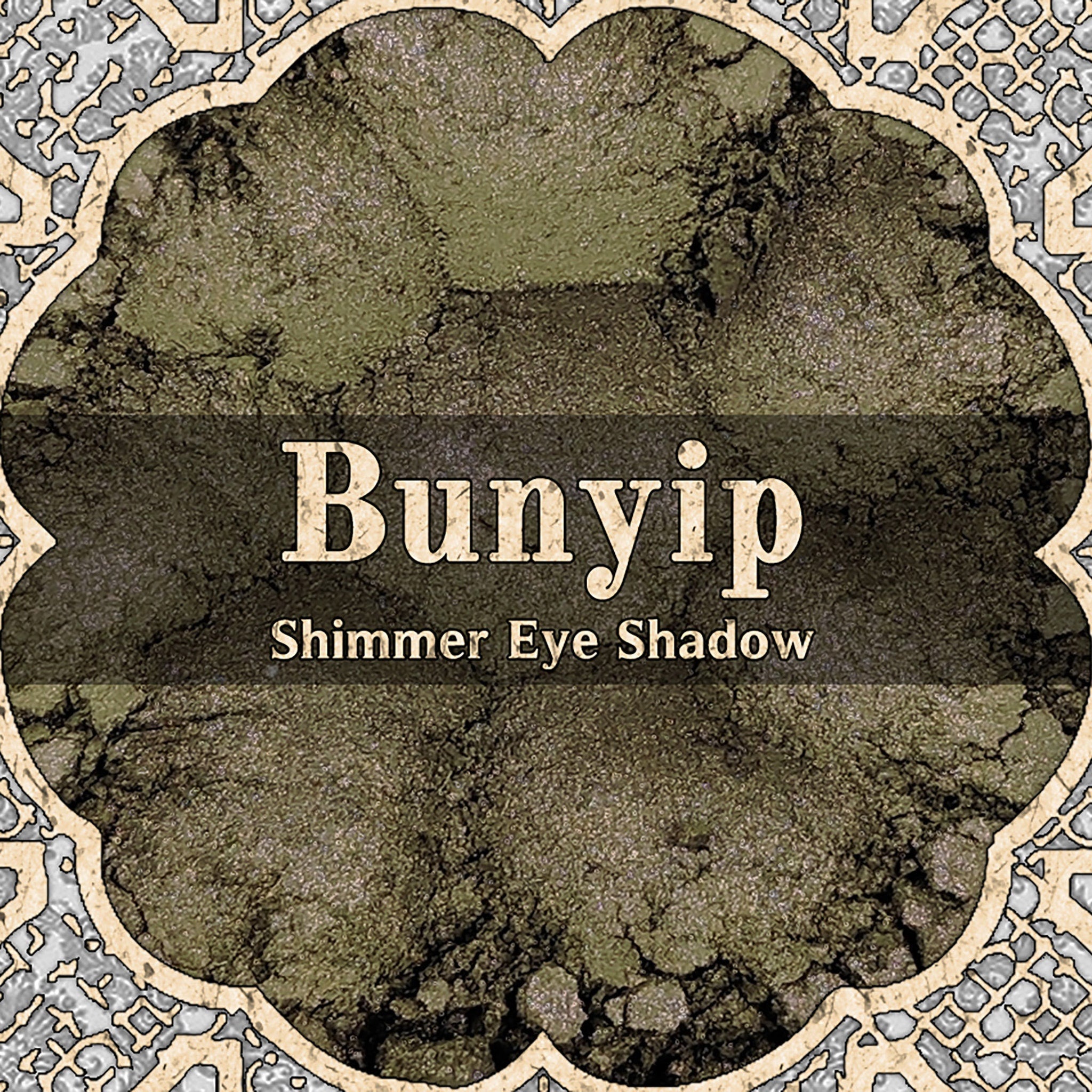Shimmer Eye Shadow deep olive green texture with BUNYIP brand name in white text on dark background
