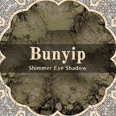 Shimmer Eye Shadow deep olive green texture with BUNYIP brand name in white text on dark background
