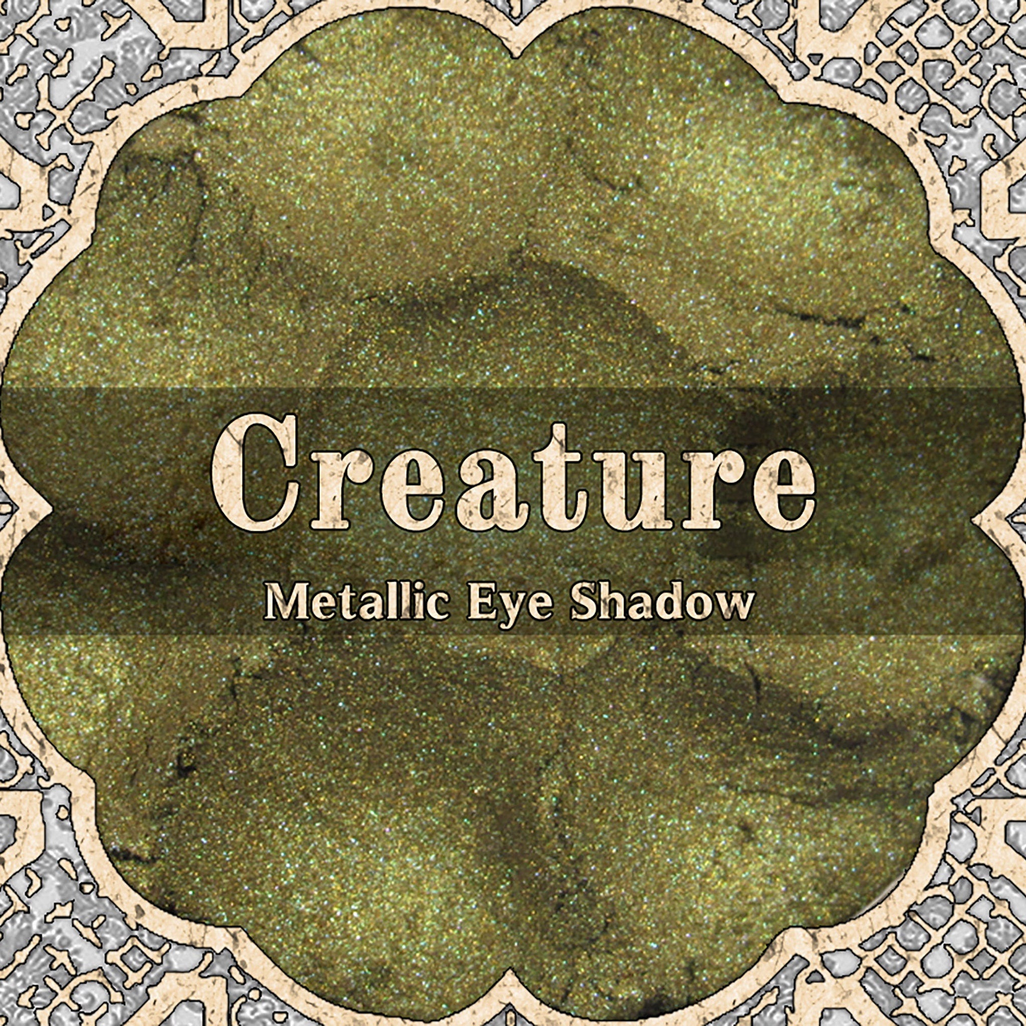 Eye shadow, olive green metallic, Creature brand, decorative border
