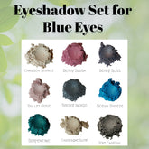 Stack of three round mineral eyeshadow pans in cool-toned shades for blue eyes, housed in eco-friendly cardboard packaging
