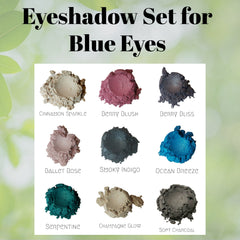 Stack of three round mineral eyeshadow pans in cool-toned shades for blue eyes, housed in eco-friendly cardboard packaging