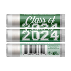 Lip balm tubes with green and white labels, "Class of 2024" text, and barcode details for Delight Naturals brand