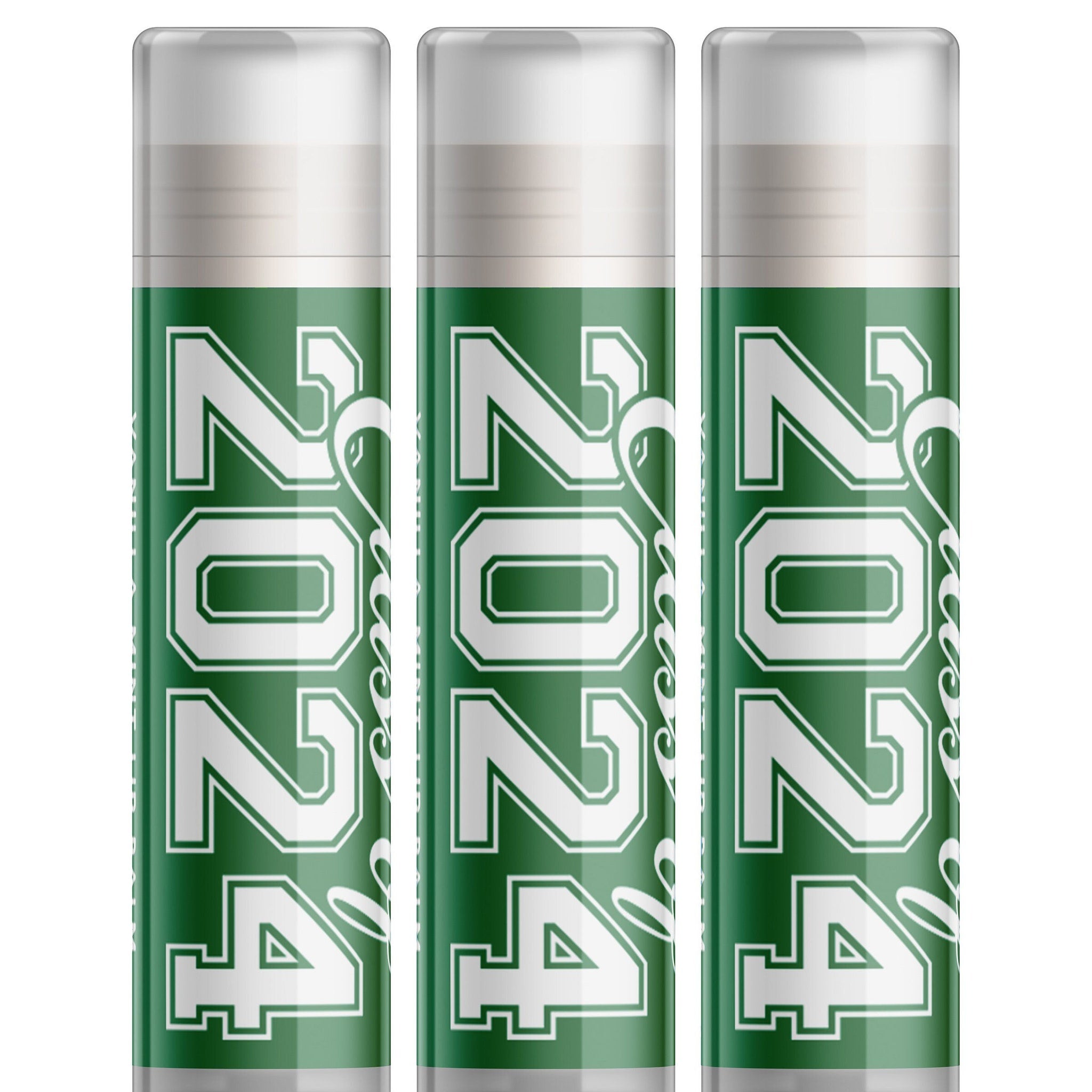 Lip balms, green tubes with white "2024" text, three-pack of Delight Naturals lip care