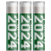 Lip balms, green tubes with white "2024" text, three-pack of Delight Naturals lip care
