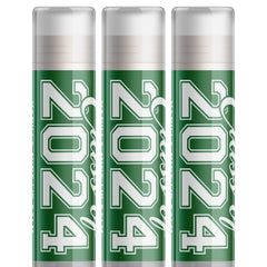 Lip balms, green tubes with white "2024" text, three-pack of Delight Naturals lip care