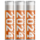 Lip balms, orange tubes with white text "2024", three pack, Delight Naturals brand