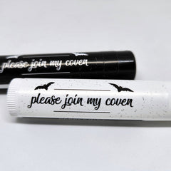 Lip balm, black and white tubes with "Please Join My Coven" text and bat illustration