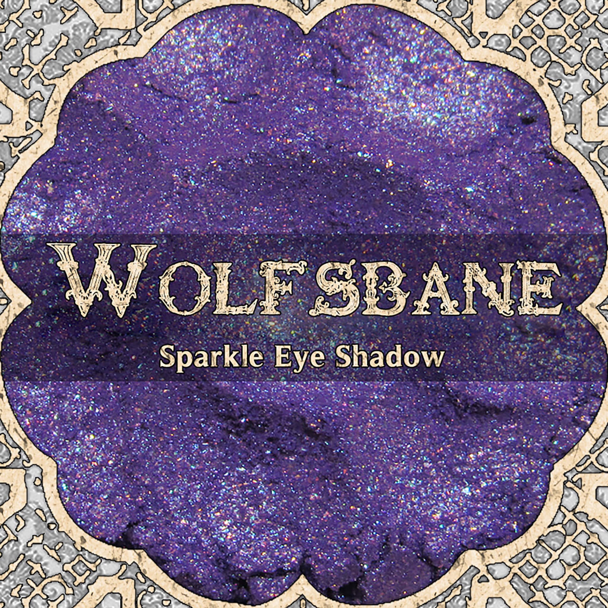 Eye shadow with purple sparkle, WOLFSBANE text, and decorative border