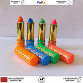 Lipsticks, colorful tubes with gold accents, embossed design, and bright lipstick tips