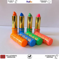 Lipsticks, colorful tubes with gold accents, embossed design, and bright lipstick tips