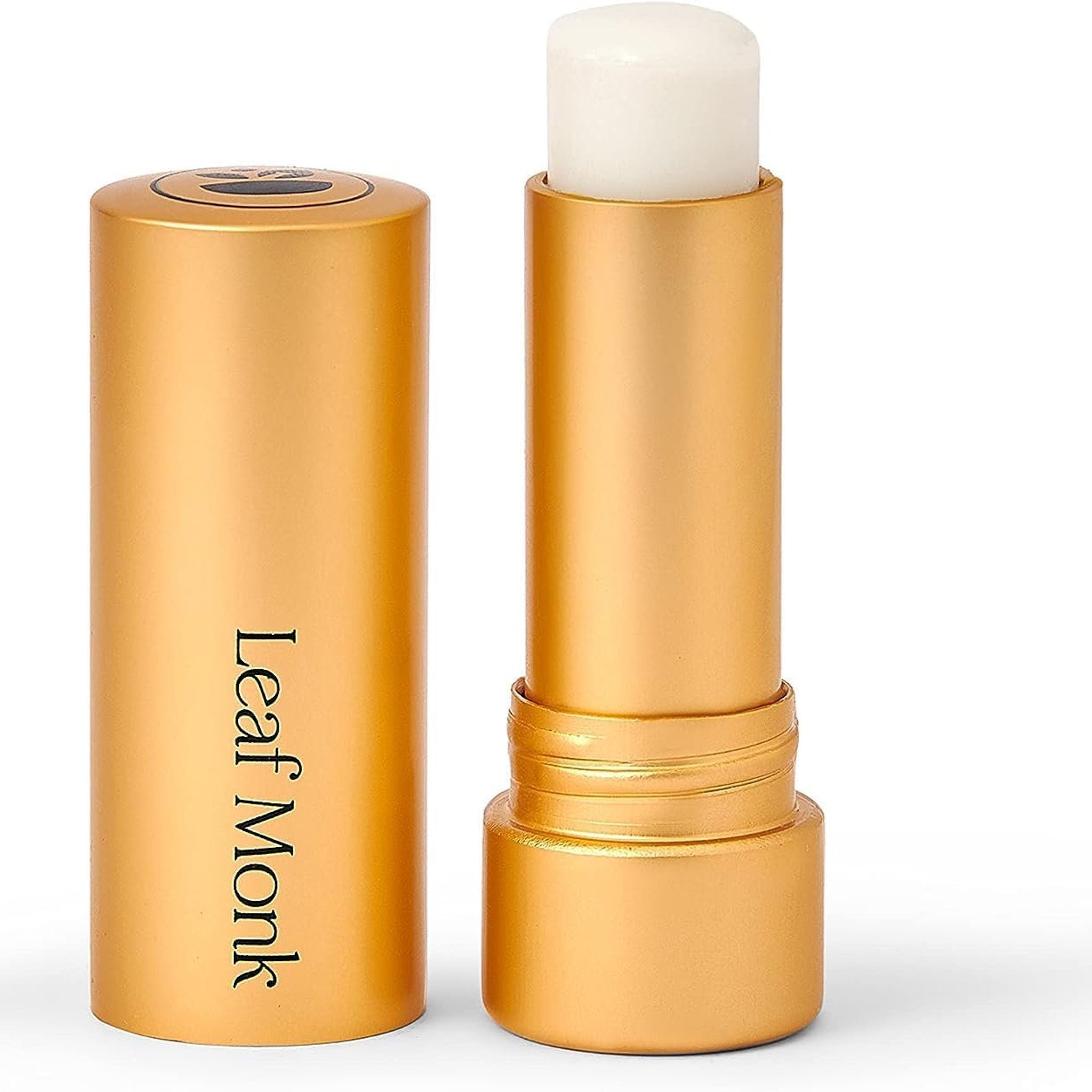 Lip balm, gold metallic tube, white balm, Leaf Monk brand visible, open and closed