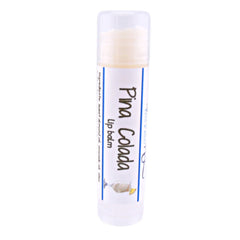 Lip balm tube with white and clear plastic, Pina Colada label, BluePoppyBath brand name visible