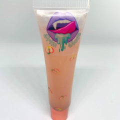 Lip gloss tube with peach color, apple pattern, and Grim Gloss logo on white background