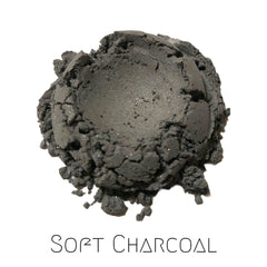 Vegan mineral eyeshadow pot in soft charcoal grey-black with semi-matte finish and eco-friendly packaging