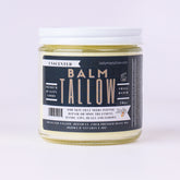 Tallow balm jar with white lid, clear glass, and Lady May's label